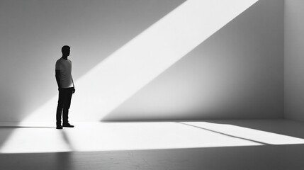 Obraz premium Man standing alone in sunlit room, contemplating