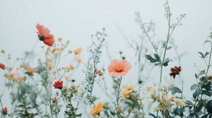 Misty field wildflowers blooming, soft focus, nature background, website banner