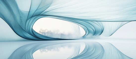 Abstract blue fabric drapes interior design, winter landscape backdrop, website banner