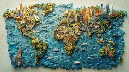 Fototapeta premium Global Tapestry A Textured World Map Crafted with Intricate Details of Cities and Lush Landscapes