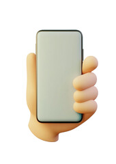 Minimalist 3D cartoon-style hand holding a smartphone with a blank screen, ideal for UI/UX design, app mockups, and digital presentations. High-quality PNG with a transparent background for easy use