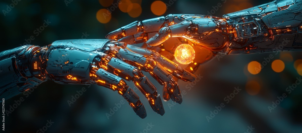Poster in a scene where robotic and human hands interact with the expansive data of the global network, we 