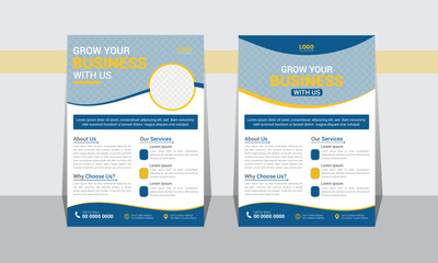 Modern flyer design for advertising promotion and growth company. abstract flat flyer design. Navy blue black and yellow color flyers. creative unique nice clean design. Half-page A4 flyer free mocku