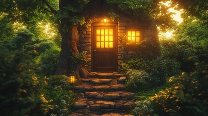 Fototapeta premium Glowing cabin windows in a lush forest at dusk. Stone path leading to a wooden door. Cozy refuge and hopeful welcome. Ideal for travel ads and mindfulness blogs.