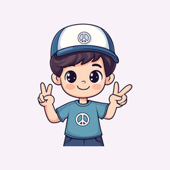 Cute Boy With Peace Sign Cartoon Vector Icon Illustration