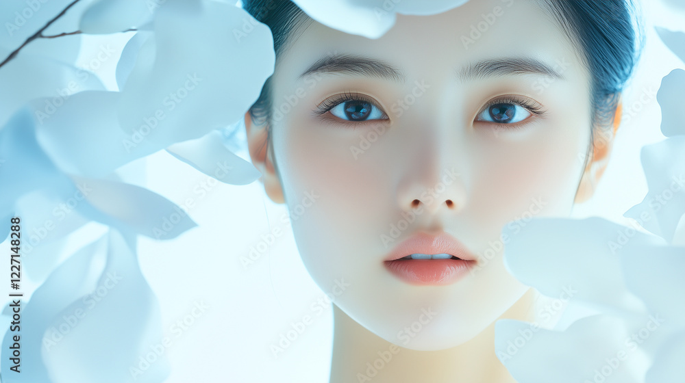 Poster 美肌の若くて綺麗なアジア人女性モデルの美容・ファッションポートレート。白い花の撮影背景。