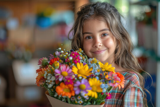 Little girl surprises her teacher with a colorful bouquet of flowers in a cheerful classroom setting