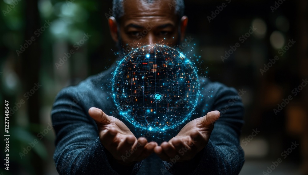 Poster an ai tech expert businessman demonstrates virtual graphics of a globally connected robot. he intera