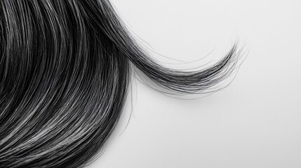 Naklejka premium Smooth black hair strand on white, showcasing shine; beauty, haircare ad