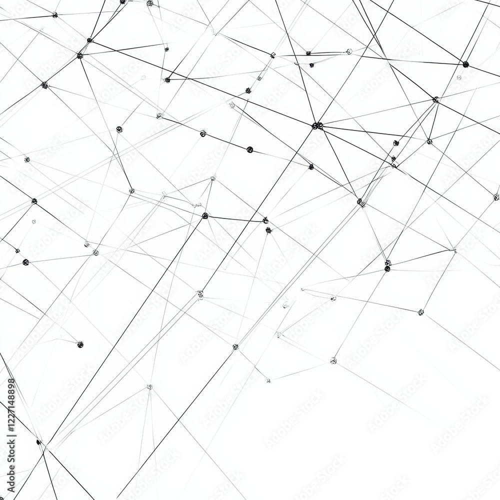 Poster Complex web of interconnected lines and dots illustrating network theory concepts in a minimalist style. Generative AI