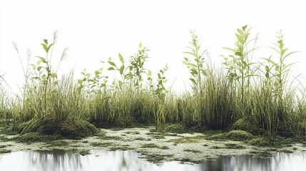 Fototapeta premium Lush wetland plants reflecting in still water, isolated on white; nature background