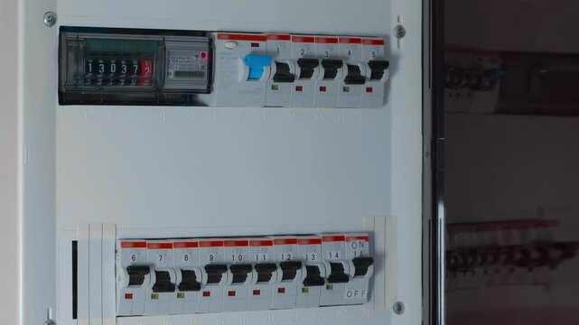 Home white electrical distribution board with mechanical electricity meter, rows of switches and, rows of switches and residual current device (RCD). Closeup. Shot in motion