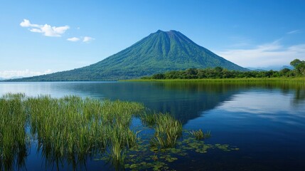 Obraz premium Majestic volcano rises above calm lake with tall grass in the foreground under blue sky