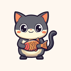 Cute cat holding a fish Cartoon Vector Icon Illustration