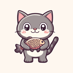 Cute cat holding a fish Cartoon Vector Icon Illustration