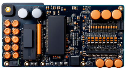 dark blue circuit board with orange capacitors and intricate electronic components, showcasing detailed and organized layout