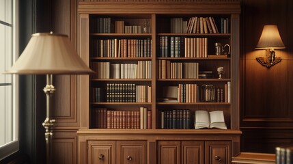 Bookshelf, study, library, reading, home, interior, wood, elegant, calm, antique, background, literature, knowledge, education, design