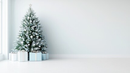 Minimalist Christmas tree with presents in bright room. Holiday greeting card design