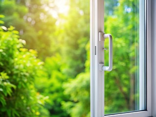 Close-up of White PVC Window with Metal Frame & Handle, Green Trees Background - Household Concept