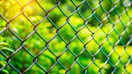 Fototapeta premium Close-up Woven Metal Wire Mesh Fence, Green Background, Outdoor Architectural Detail