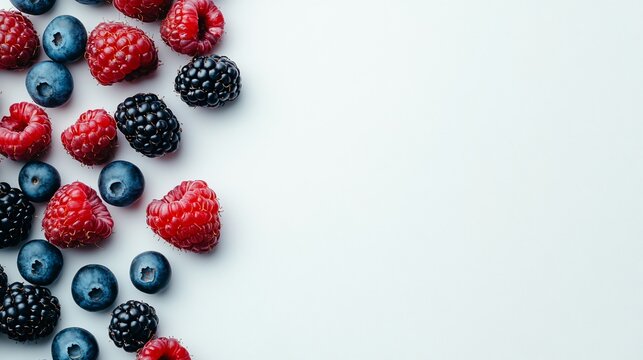 Fresh berries border on white background, food blog, recipe template