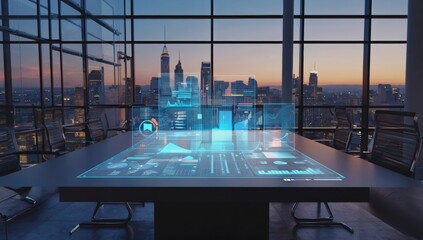 Holographic data visualization displayed on a futuristic conference room table in a modern office, featuring a stunning cityscape sunset, embodies cutting edge technology and business innovation
