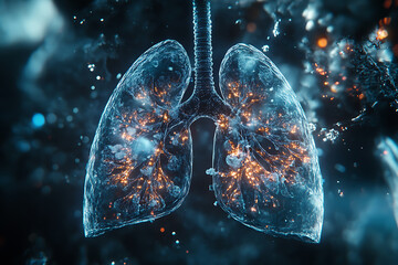 Detailed representation of human lungs showcasing intricate structures and vibrant activity illuminated by glowing particles in a digital format