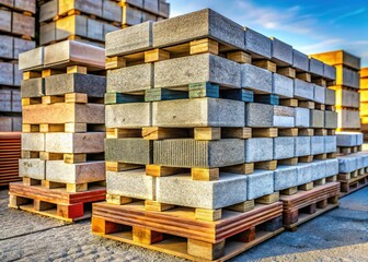 Concrete Blocks on Wooden Pallets Ready for Delivery - Construction Material Stock Photo