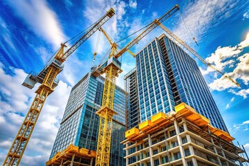 Construction Site: Two Tower Cranes Lifting Building Materials