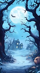 Fototapeta premium Spooky haunted house under a full moon with bats flying in a dark forest scene during Halloween season
