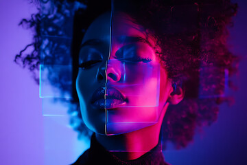 Portrait of a woman with vibrant neon lighting creating an artistic overlay on her features in an urban setting