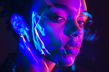 Fototapeta premium Artistic portrait featuring vibrant lighting and expressive colors against a dark background