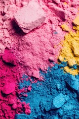 A vivid display of three colors in powder form: pink, blue and yellow. Ideal for use in cosmetics or art supplies.