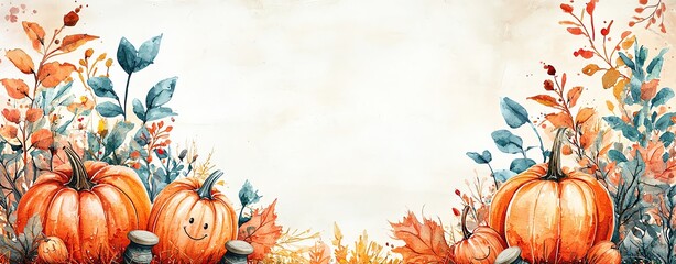 cute water color animal wildlife spring seasonal whimsical A charming autumn backdrop featuring vibrant pumpkins, colorful leaves, and serene foliage perfect for seasonal designs.