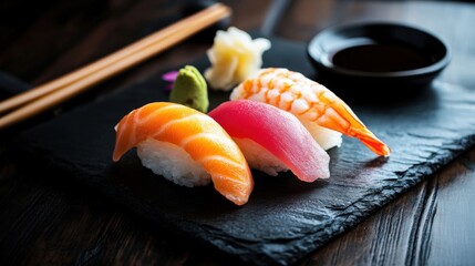 A delicious plate of sushi nigiri with fresh slices of tuna, salmon, and shrimp
