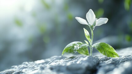 White flower growing from rocks, leaves falling, nature background, hope concept