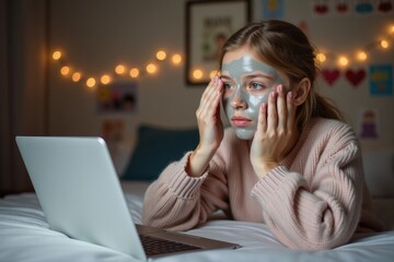 A teenage girl uses a clay mask while sitting on her bed with a laptop. The background has posters, fairy lights, and a cozy atmosphere