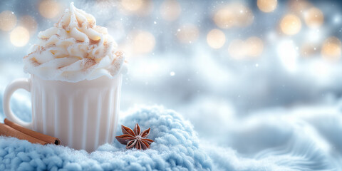 Przytulny, ciepły napój z bitą śmietaną i cynamonem w łagodnym błekitnym tle