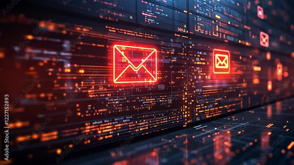 Poster digital representation of email concepts with glowing icons and data streams in a tech environment