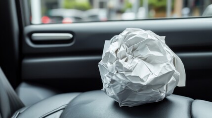 Crumpled Paper Ball on Leather Car Seat by Window