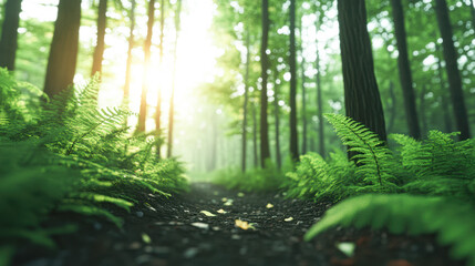 Fototapeta premium Serene forest pathway at sunrise nature scene lush environment tranquil view