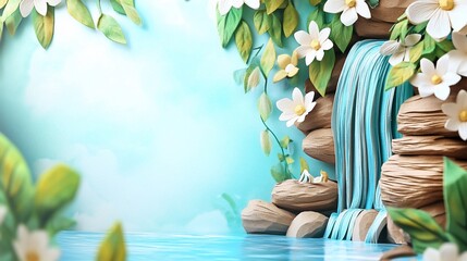Papercraft woman relaxing by waterfall, floral backdrop, serene scene, website banner