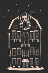 hand drawn Christmas house, black and white graphics of house, line illustrations of house with snow, stencils of winter houses, hand drawn doodle buildings, lineart Illustration