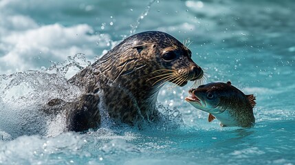 Obraz premium Harbor seal catching fish in ocean surf, wildlife documentary
