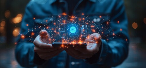 Chat robot AI assistant idea. Businessman gives instructions to the smart AI chatbot. Leveraging modern technology for stock service business analysis. Moving towards a futuristic technology