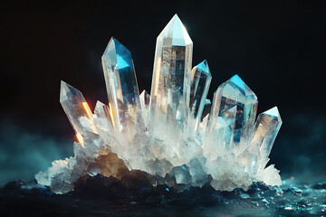 Crystalline formation of clear quartz and shimmering minerals amidst a dark backdrop showcasing natural beauty