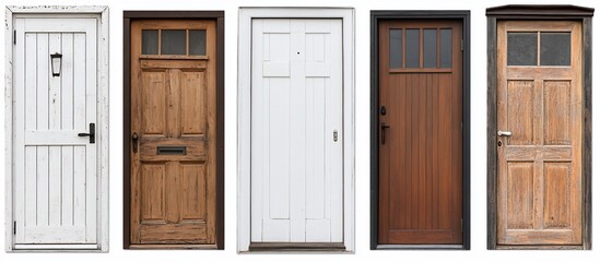Five diverse front doors; white, wood, brown; studio shot; home improvement