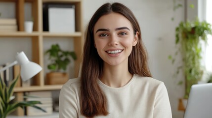 Headshot young positive woman business agent sales consultant makes presentation looking at camera talking using webcam sells product advertises service successful businesswoman blogger recording vlog