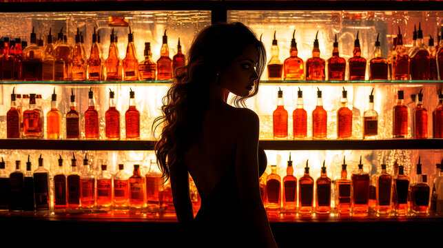 Silhouette of a young woman against shelf with alcohol - concept of promiscuity