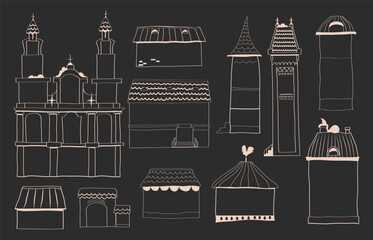 Set of hand drawn christmas houses, black and white house graphics, line house outline illustrations, winter house stencils, hand drawn doodle buildings, vector illustration, linear building parts, re